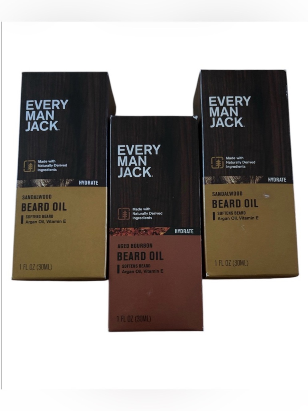 Every Man Jack Bundle | Beard Oil 3 Bottle HIT | 2 Sandalwood 1 Aged Bourbon NWT
